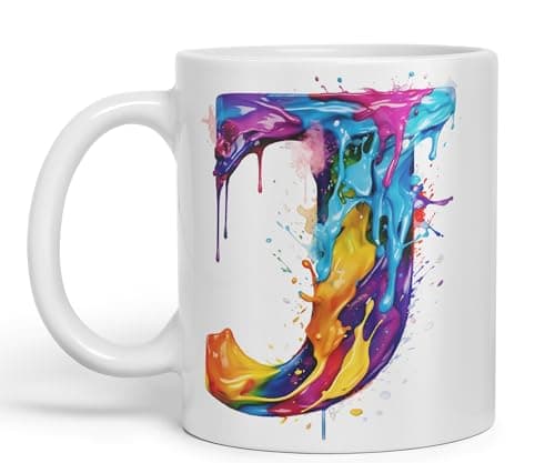 Image of Vixar Letter J Mug, Alphabet Letter J Monogram Watercolour Ceramic Coloured Mug Cup for Tea Coffee Hot Brew 330ml 11Oz Gift (White)