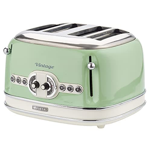 Image of Ariete 0156/04 Retro Style 4 Slice Toaster with 2 Slice Control, 6 Browning Levels and Removable Crumb Tray, Cool Touch Sides, Non-Slip Feet, Vintage Design, Green