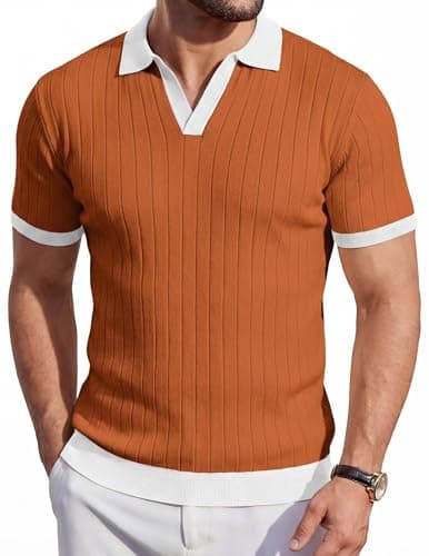 Image of Remxi Men's Knit Polo Shirts Short Sleeve Ribbed Knitted Golf Shirt Lightweight T Shirts with Contrast Collar Brown L