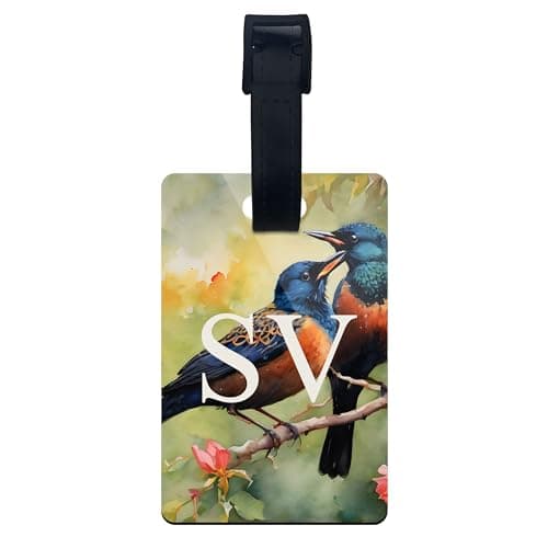 Image of Personalised Starling Art Luggage Tag, Bird Themed Travel Gift, 9.5cm x 6cm Suitcase Label