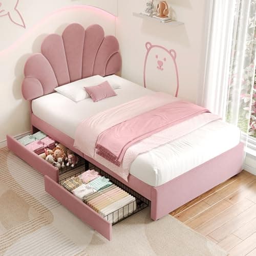Image of LULUWA 3ft Single Velvet Petal Bed with Adjustable Chic Petal Headboard and 2 Storage Drawers Upholstered Bed Frame with Solid Wood Slat No Mattress