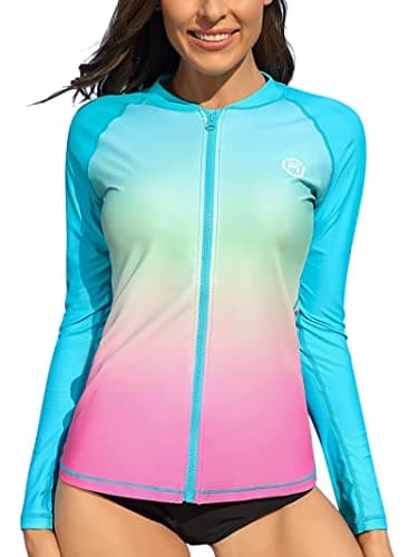 Image of ATTRACO Womens Rash Vest Zipper Long Sleeve UPF 50 Rash Guard Swimsuits Top Blue/Pink M