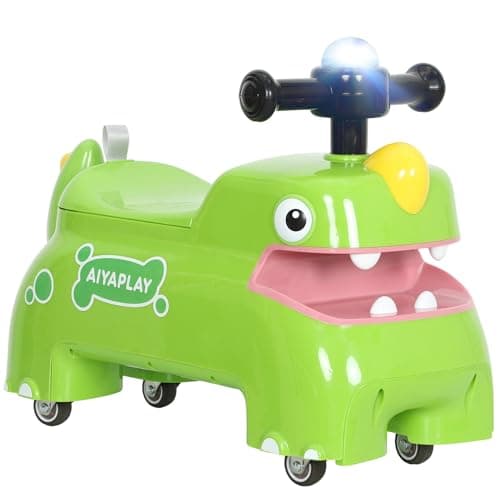 Image of AIYAPLAY Kids Ride On Car, Dinosaur Shape Foot to Floor Slider with Under Seat Storage, Baby Toddler Walker with Light, Music and Sounds for 18-36 Months, Green