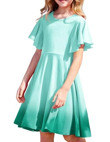 Image of Arshiner Girls Short Sleeve Summer Dress Cotton A-Line Party Swing Dress Back to School Casual Skater Dresses with Pocket 130 Age 8-9 Turquoise
