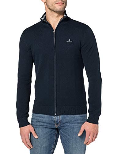 Image of GANT Men's Cotton Pique Zip Cardigan Cardigan Sweater , Evening Blue,S