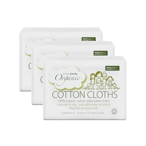 Image of Simply Gentle Organic Dry Wipes, Face Towels, 100% Cotton Pads, for Baby, Newborn Essentials, Plastic Free, Disposable, Sensitive Skin Cleansing Pads, Alternative to Wet Wipes, 150 count (Pack of 3)