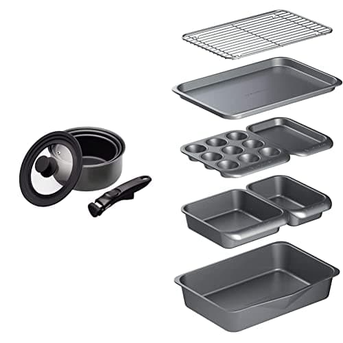Image of MasterClass Smart Space Saucepans, Non-Stick Saucepans for All Hobs, 5-Piece Set, Grey & Smart Space Stacking Non-Stick Bakeware Set, 7 Piece Baking Trays, Gift Boxed