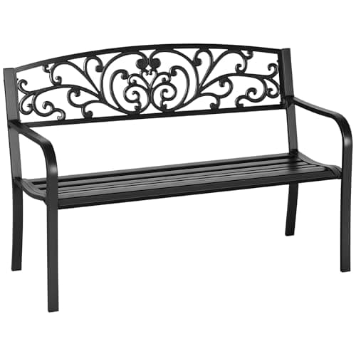 Image of Outsunny Garden Bench, 2 Seater Metal Outdoor Bench Seat, Patio Loveseat with Armrests, Floral Backrest and Slatted Seat, 240 KG Capacity for Park, Porch, Black