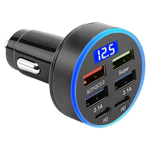 Image of Car Charger 6 in 1 Super Fast Charger Adapter Cigarette Lighter Socket USB C Fast Cars Chargers 300w Quick Charging Multi-Ports Charge with LED Display for Smartphones IPhone Samsung Android Ipad