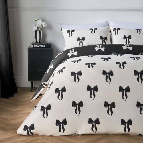 Image of OHS King Size Bedding Set Bow Printed, Birthday Gifts for Women Super Soft Microfibre Reversible Warm Cosy Stylish King Size Duvet Cover Set with Pillowcases, Monochrome