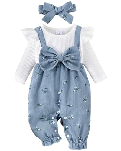 Image of WYTbaby Baby Girls Clothes Romper Long Sleeve Floral Bow Print Jumpsuit Ribbed Knitted Outfits Spring Fall Bodysuits for Infant 3-6 Months