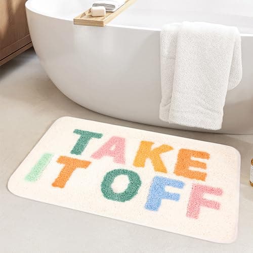 Image of Bazasa 44×76 cm White Bath Mat Bathroom Rugs with Colouful Letter Take It Off Funny Bath Rugs Machine Washable Shower Rug Non Slip Absorbent Microfiber Mats for Bathroom, Shower, Bathtub