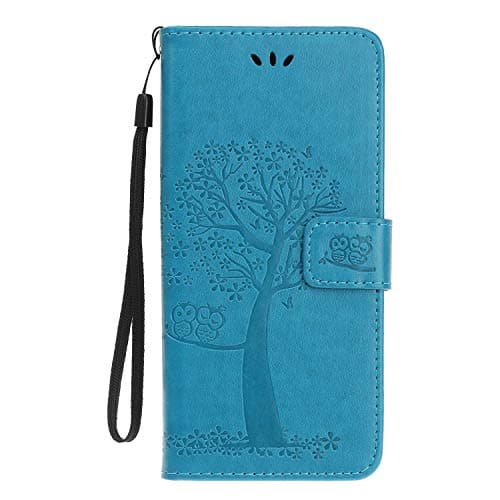 Image of Skhawen iPhone 11 Case, Flip Shockproof PU Leather Embossed Owl Wallet Magnetic Cover for iPhone 11 with Card Holder Viewing Stand, Blue