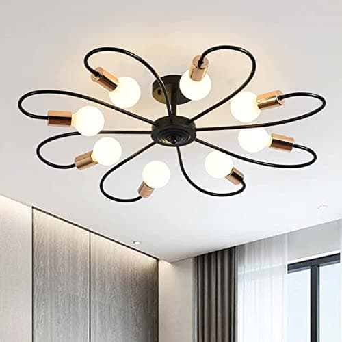 Image of Qcyuui 8-Light Semi Flush Ceiling Light, Modern Sputnik Chandeliers Mid-Century Metal Pendant Lighting, Industrial Vintage Ceiling Lamp Fixture for Kitchen Dining Living Room Bedroom(Black&Gold)