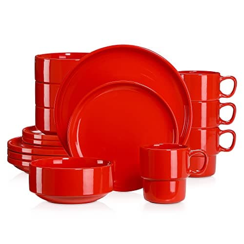 Image of LOVECASA 16 Pieces Dinnerware Set, Porcelain Dinner Sets, 16-Piece Dishes Dinner Sets, Dinner Plates, Dessert Plates, Bowls and Mugs, Service for 4, Red