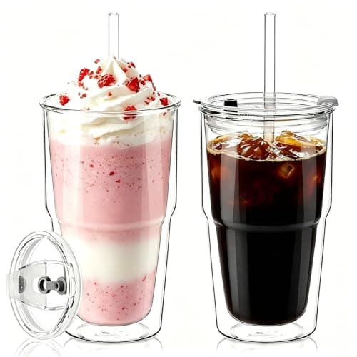 Image of KEMORELA 2 Pack 480ml Double Walled Glass Cups with Lid & Straw – Clear Glasses for Iced Latte & Cappuccino Cups, Juice & Cold Beverages