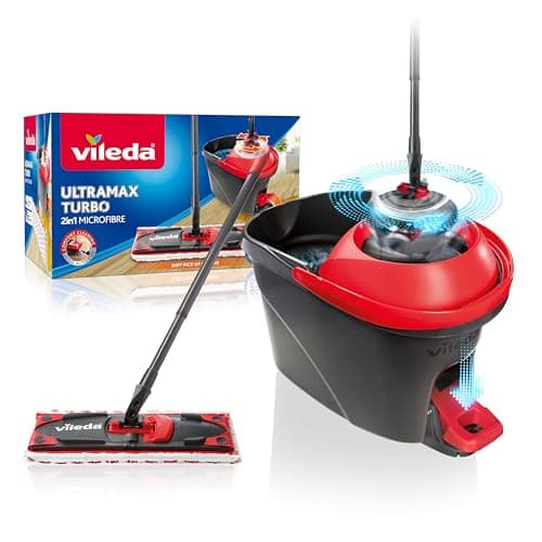 Image of Vileda Ultramax Turbo 2-in-1 Floor Mop Complete Set, Mop with Telescopic Handle, Microfibre Cover and Bucket with Power Spinner, for All Hard Floors, Handle Length 75-130 cm, Eco Packaging