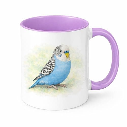 Image of Brew Crew Gifts Budgie Mug, Ceramic, White Gloss, 11oz, Watercolour Blue Budgie Design, Dishwasher Safe, Microwave Safe, Bird Lover Gift (Lilac)