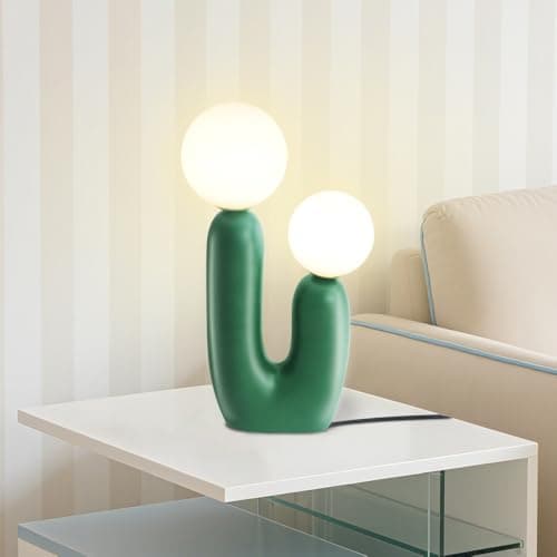 Image of TONGNIDA LED Table Lamp Cute Cactus Bedside Lamps,Modern Decor Mushroom Bed Side Lamps for Bedroom,Green Resin Desk Lamp with 2 Globe Lampshades,Funny Gifts for Kids Family,G9 Base