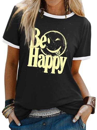 Image of Dresswel Womens T-Shirt Cute Be Happy Funny Smile Face Graphic Print Tee Shirts Summer Tops A-Black