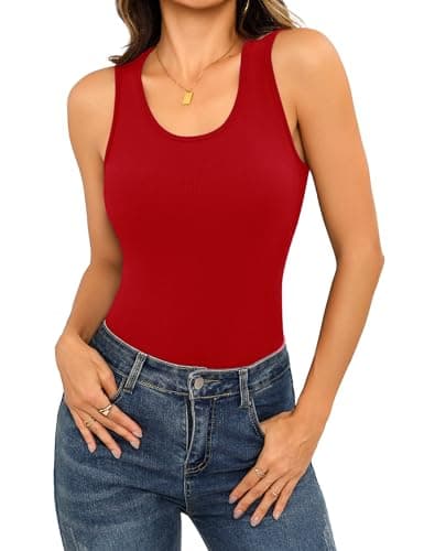 Image of Aottori Ladies Thermal Vest Sleeveless Round Neck Ribbed Camisole Shirt Basic Base Layer Underwear Stretch Slim Fitted Plain Cami Undershirt Red M