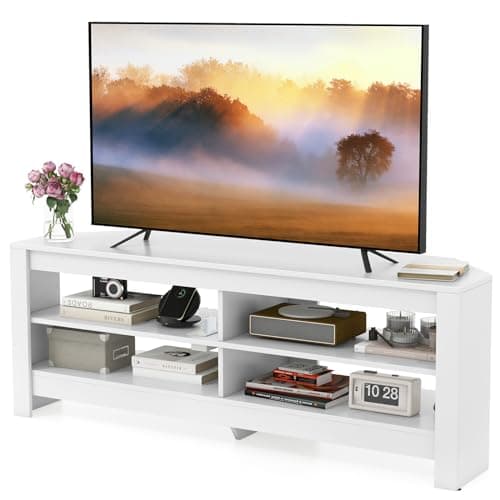 Image of COSTWAY TV Stand with Charging Station for TVs up to 60", Wooden TV Cabinet Media Entertainment Center with Open Storage Shelves, 140cm Corner TV Unit Console Table for Living Room Bedroom (White)