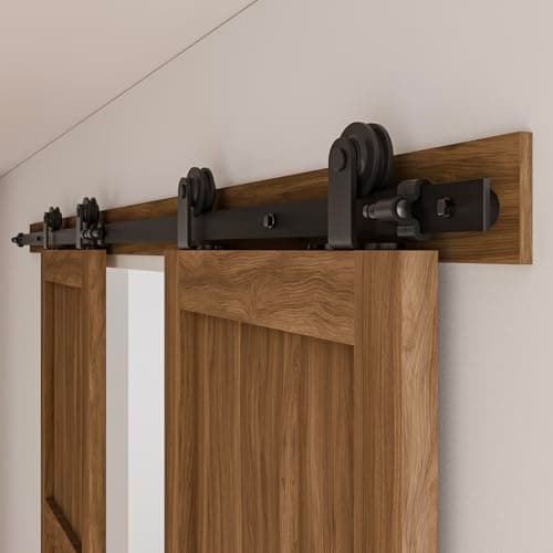 Image of CCJH Modern European T Style Barn Wood Double Sliding Door Hardware Track Set 10 Ft/3.05m Black