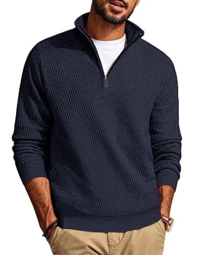 Image of PJ PAUL JONES Mens Sweaters Half Zip Jumper, V Neck Winter Jumpers Stand Collor Dark Blue M