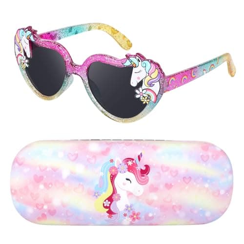 Image of Beipegin Kids Unicorn Heart Sunglasses, UV Protection, Toddler Girls Sunglasses with Case, Pink, One Size, Non-Polarized, Whimsical