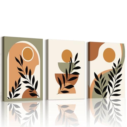 Image of WENGTIAO Set of 3 Boho Abstract Geometric Canvas Wall Art Framed Pictures, Colourful Minimaliste Botanical Neutral Painting on Canvas for Modern Living Room Bedroom Wall Decor 30x40cmx3