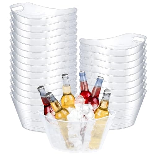 Image of 24 Pcs Oval Storage Tub with Handles, 4.5L Plastic Ice Bucket Wine Beer Champagne Bottle Drink Cooler Tub for Parties Beverage, Storage Basket (Clear)