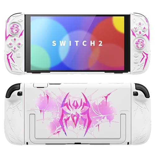 Image of playvital Cyber Spider Protective Case for Nintendo Switch 2, Ergonomic Anti-slip Silicone Grip Covers, Dockable Hard Case Shell for Switch 2 with Joystick Cap & Sticker, Shockproof Skin - White