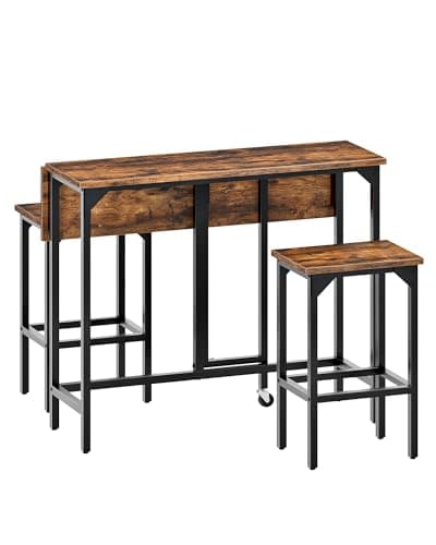 Image of CHOEZON Breakfast Bar Table with 2 Bar Stools, 100 cm Folding Dining Table with 2 Stools, Dining Table Set, Industrial Steel Frame, for Restaurant, Living Room, Pub, Rustic Brown and Black DTBT02BF