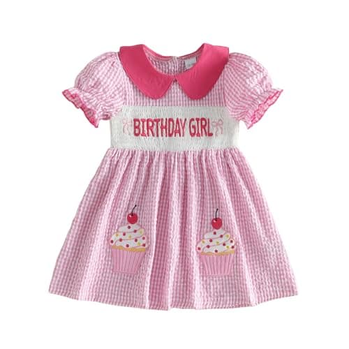 Image of MAHUAOYIXI Toddler Girls Birthday Dress Cupcake Bow Letter Embroidered Short Sleeve Doll Collar Tutu Skirt Layered Tiered Puffy Hem A-Line Princess Dress Baby Girl Birthday Outfits (Pink, 2-3 Years)