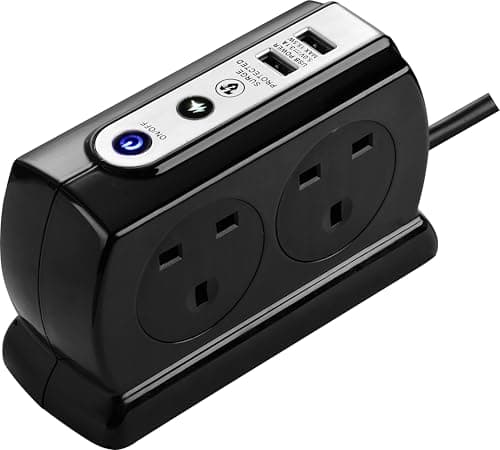 Image of Masterplug Heavy Duty Four Socket Surge Protected Extension Lead with 2 USB Ports, 1 Metre, Black