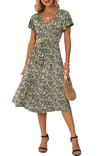 Image of GRECERELLE Womens Summer Wrap Dress Ladies Casual Ruffle Short Sleeve V-Neck Floral Beach Dresses for Women (Black Yellow Flower, M)