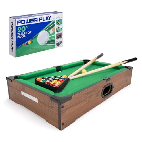 Image of Power Play Pool Table Game, Portable Wooden Classic Games Table, Indoor Outdoor Game for Kids and Adults, Brown 20inch
