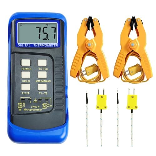 Image of Digital Thermometer Dual Channel K-Type Thermocouple Thermometer -50 to 1300°C with Temperature Clamp and Wired Probes MAX/MIN/AVG & Differential Measurement for Ovens, Kilns, Furnaces, Molten Metal