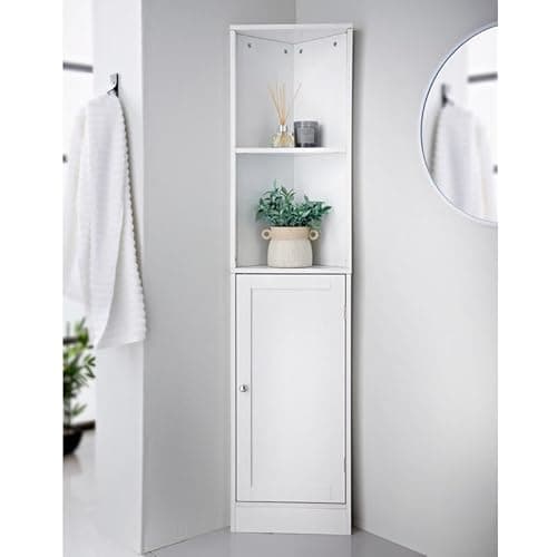 Image of spot on dealz® Corner Bathroom Storage Cabinet – Tall Slim Cupboard with 2 Open Shelves & 1 Door - White Freestanding Wooden Corner Shelf Unit for Small Spaces