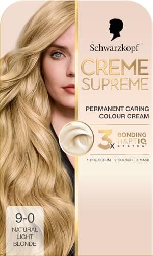 Image of Schwarzkopf Creme Supreme 9-0 Natural Light Blonde, Permanent Hair Dye, Caring Hair Dye Colouration with 3-Step Bonding System Against Damage, 100% Grey Coverage, Shade Worn by Sienna Miller