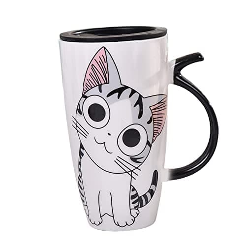 Image of Fdit Large Ceramic Cute Cat Coffee Mug Tall Animal Mug with Lid and Spoon Cat Print Coffee Tea Mug for Home Office School