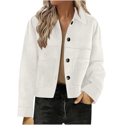 Image of Women's Faux Suede Jacket Long Sleeve Lightweight Cropped Blazers Button Down Loose Fit Jackets Ladies Elegant Outwear Lapel Pullover Tops Bomber Jacket Solid Color Streetwear