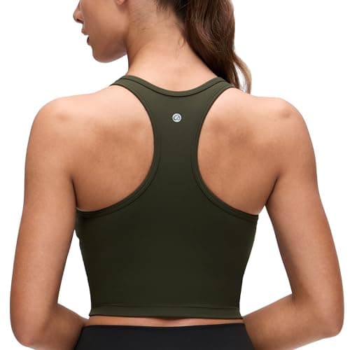 Image of CRZ YOGA Women's Butterluxe Racerback Sports Bra Wireless Padded Crop Top Longline Workout Vest Tank Tops with Built in Bra Olive Green M