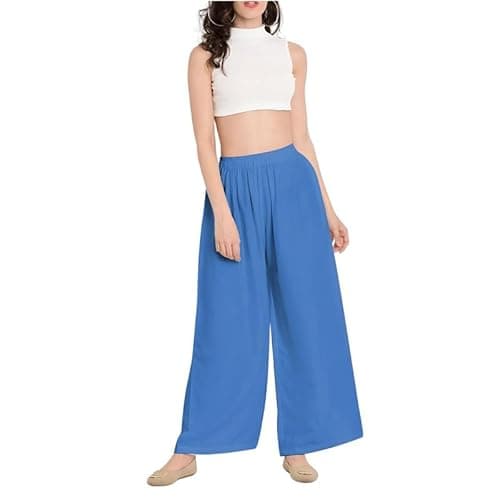 Image of Prime fashions - Women Plain Flared Palazzo – Trousers - Wide Leg Flared Pants – Elasticated Waist – Casual Wear (16-18 Royal Blue)