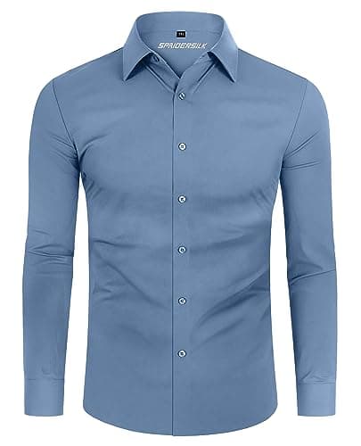 Image of DEMEANOR 4-Way Stretch Mens Shirts Long Sleeve Muscle Fit Formal Dress Shirts for Men Non Iron Casual Shirts Business Wedding Work Sky Blue