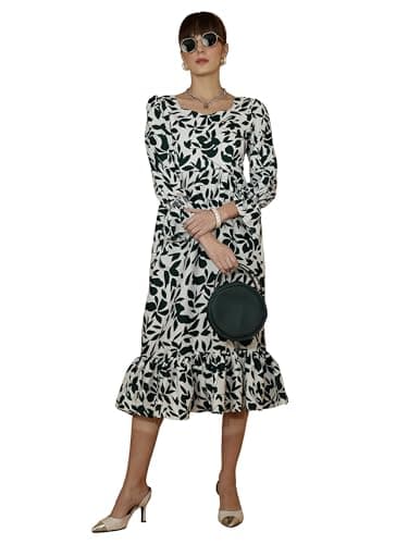 Image of Sheetal Associates Women's Casual Flared Sleeve Crepe Floral Fit and Flare Dress, Green::White, XXL