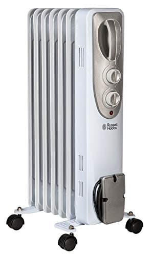 Image of Russell Hobbs 1500W/1.5KW Oil Filled Radiator, 7 Fin Portable Electric Heater - White, Adjustable Thermostat with 3 Heat Settings, Safety Cut-off, 15 m sq Room Size, RHOFR5001, 2 Year Guarantee