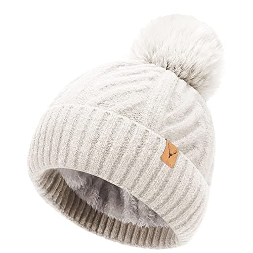 Image of NEOLA Winter Hats for Women - Fleece Lined Beanie Hat Ladies Soft Warm Knit Bobble Hat with Detachable Chunky Faux Fur Pom Pom for Outdoor Sports Ski UK
