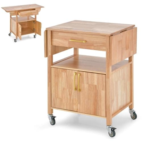 Image of GiantexUK Kitchen Island on Wheels, Rolling Serving Trolley with Large Drawer, Open Shelf, 2-Doors Cabinet & Drop Leaf Countertop, Mobile Storage Cart for Dining Living Room Coffee Bar