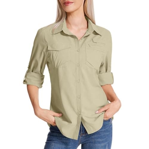 Image of Faysfad Women's Safari Shirt UPF 50 UV Sun Protection Quick Dry Shirts Long Sleeve Hiking Walking Fishing Outdoor Travel(5081,Khaki,M)